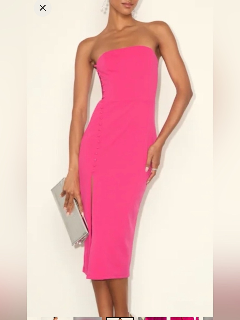 Lulu's Strapless Hot Pink Midi Dress with Side Button Detail